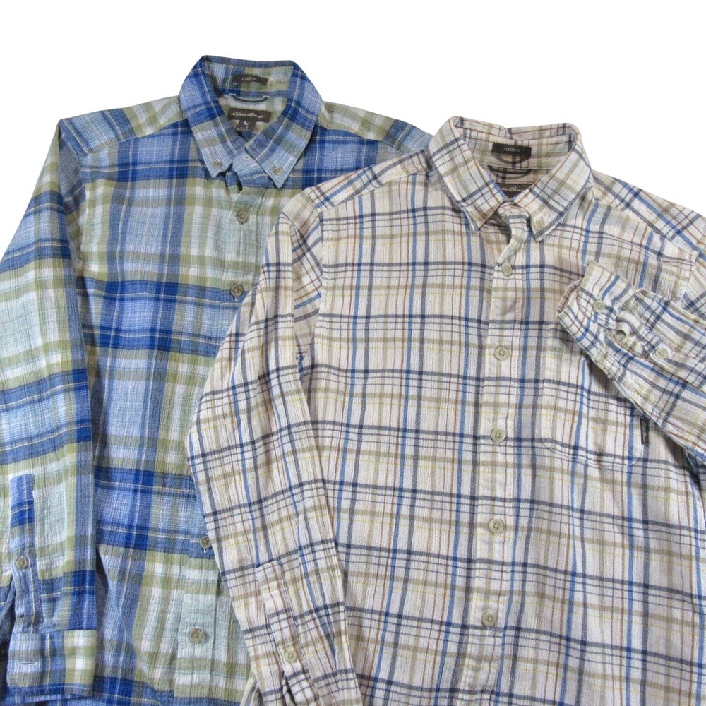 Eddie Bauer Mens Button Down Shirt - 2 Lot - S Classic Fit Blue Green Plaid